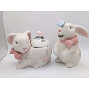 Vintage Pfaltzgraff Tea Rose Bunny Rabbit Sugar & Creamer Set 1999 *See Flaw